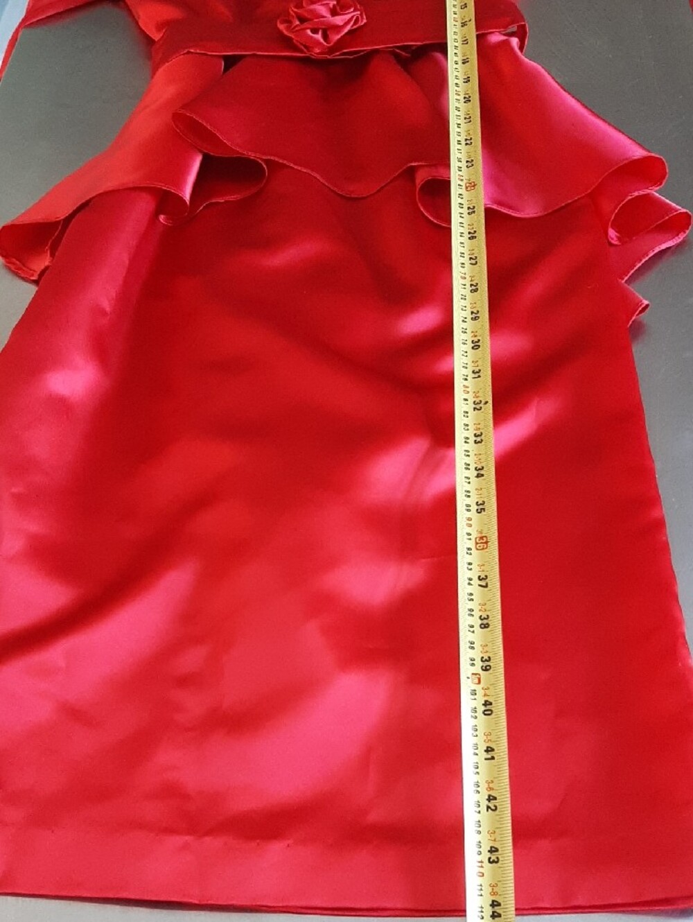 70's NU-MODE💋True Deep Red V‑Neck Midi Dress with Rosette Belt Back Zip Sz S - Picture 9 of 10